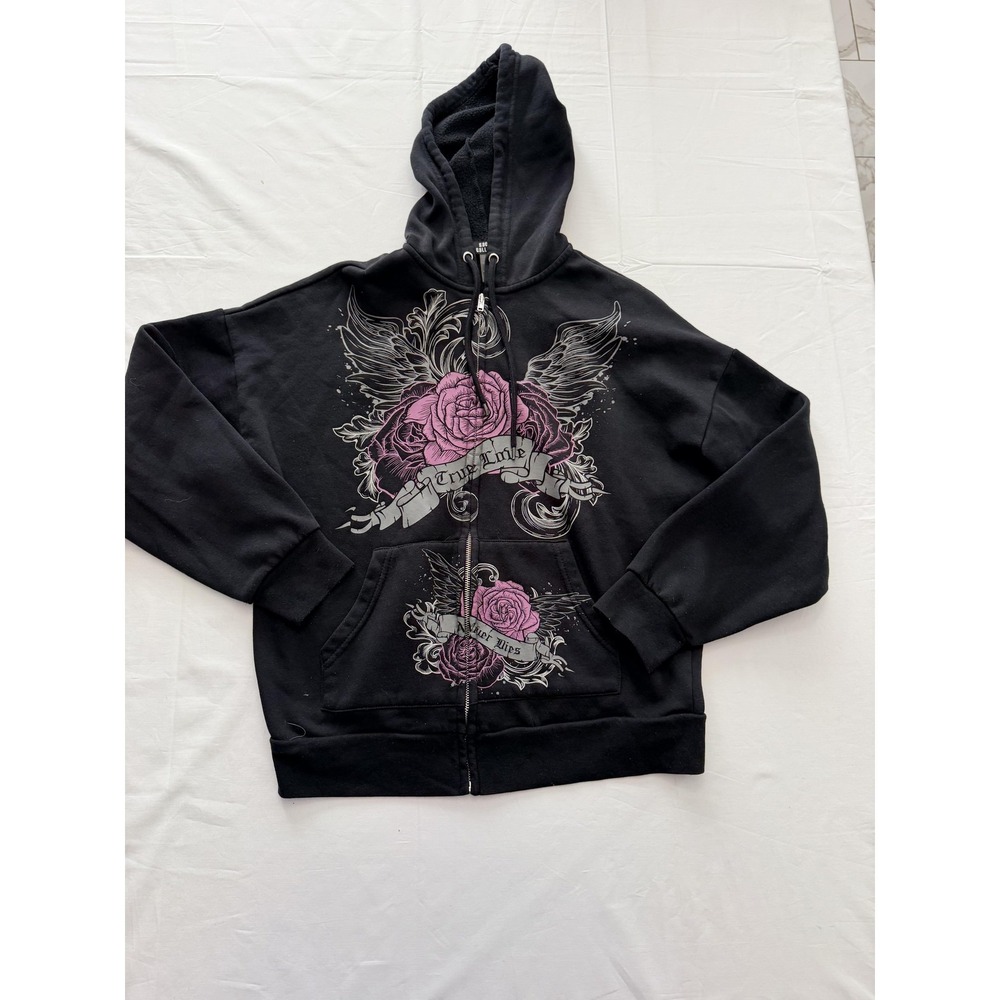 Social Collision Hoodie Juniors Small Black Full Zip Gothic Rose Graphic Fleece